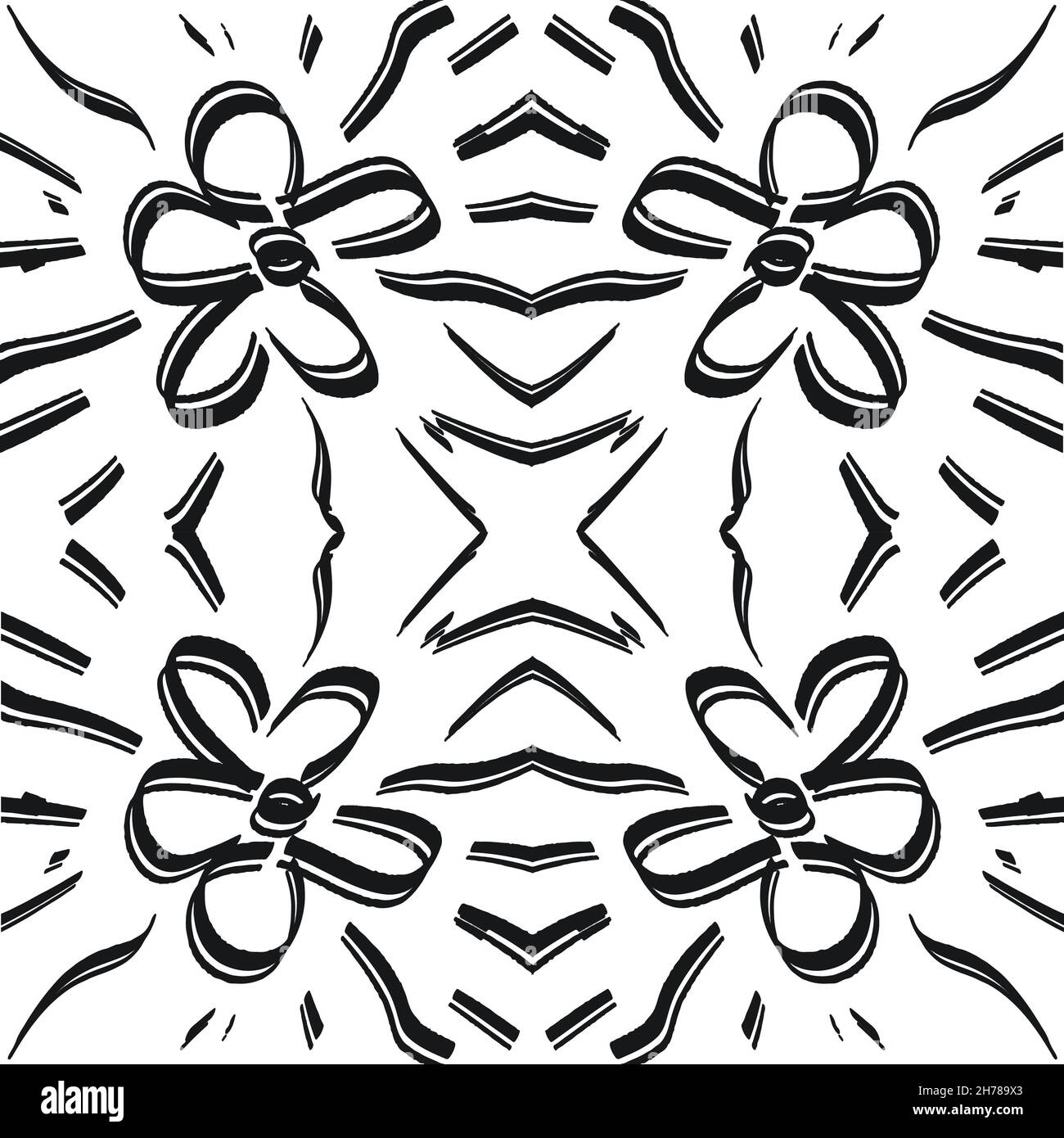 Pinceau noir fleur traits vectorisés sans couture.Lignes courbes et ondulées dessinées à la main avec cercles de grunge. Texture décorative à griffonner à la brosse.Moi Banque D'Images