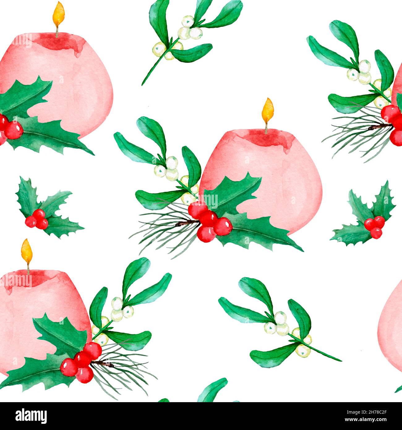 Aquarelle sans couture dessin à la main avec des plantes de Noël holly pin épicéa conifères branches holly rouges baies.Bougies d'hiver élégantes sur fond blanc pour emballer le textile de papier fête du nouvel an Banque D'Images