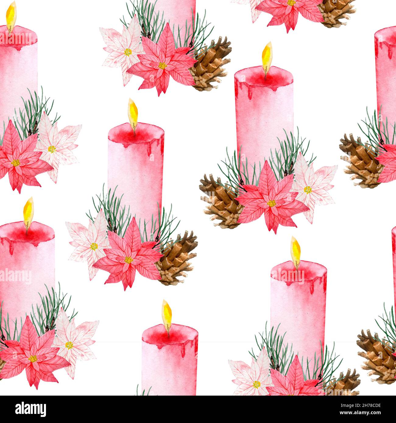 Aquarelle dessin à la main sans couture avec fleur de poinsettia rose rouge, branches d'épinette de pin de conifères de Noël, hiver nouvel an décoration ornement, pour l'emballage papier floral textile imprimé botanique Banque D'Images