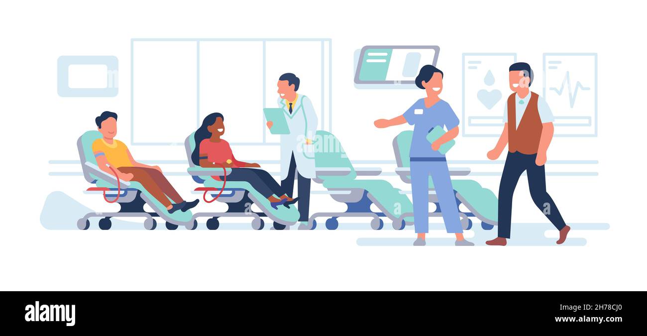 Salle des donateurs.Collecte de sang et de plasma en laboratoire, chaises médicales avec des gens, médecins et infirmières aident les bénévoles, l'aide humanitaire et la charité Illustration de Vecteur