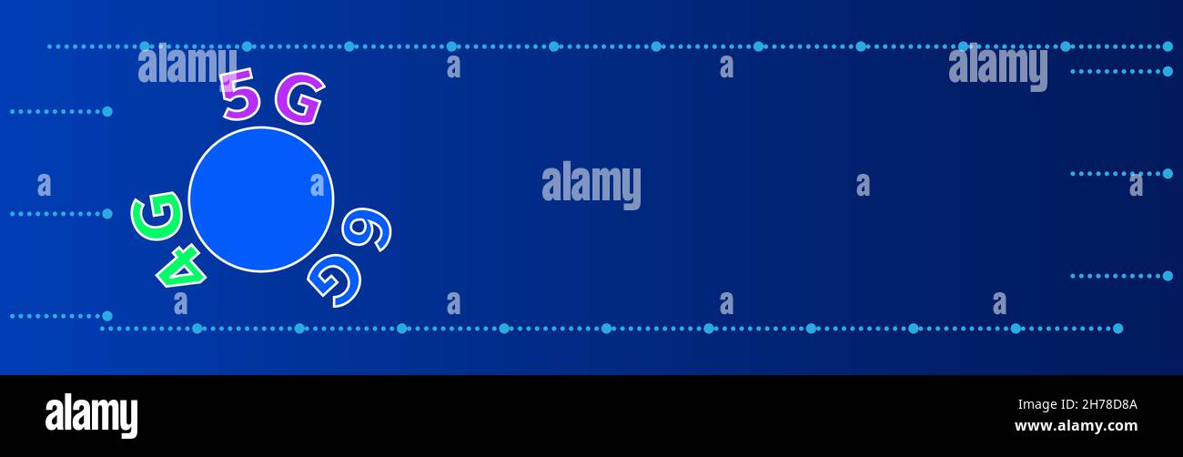 Symboles 4G 5G 6G sur fond de cercle.Technologies de transmission de données de télécommunication pour la conception de sites Web.Bannière bleue horizontale.Place pour votre texte.L Illustration de Vecteur