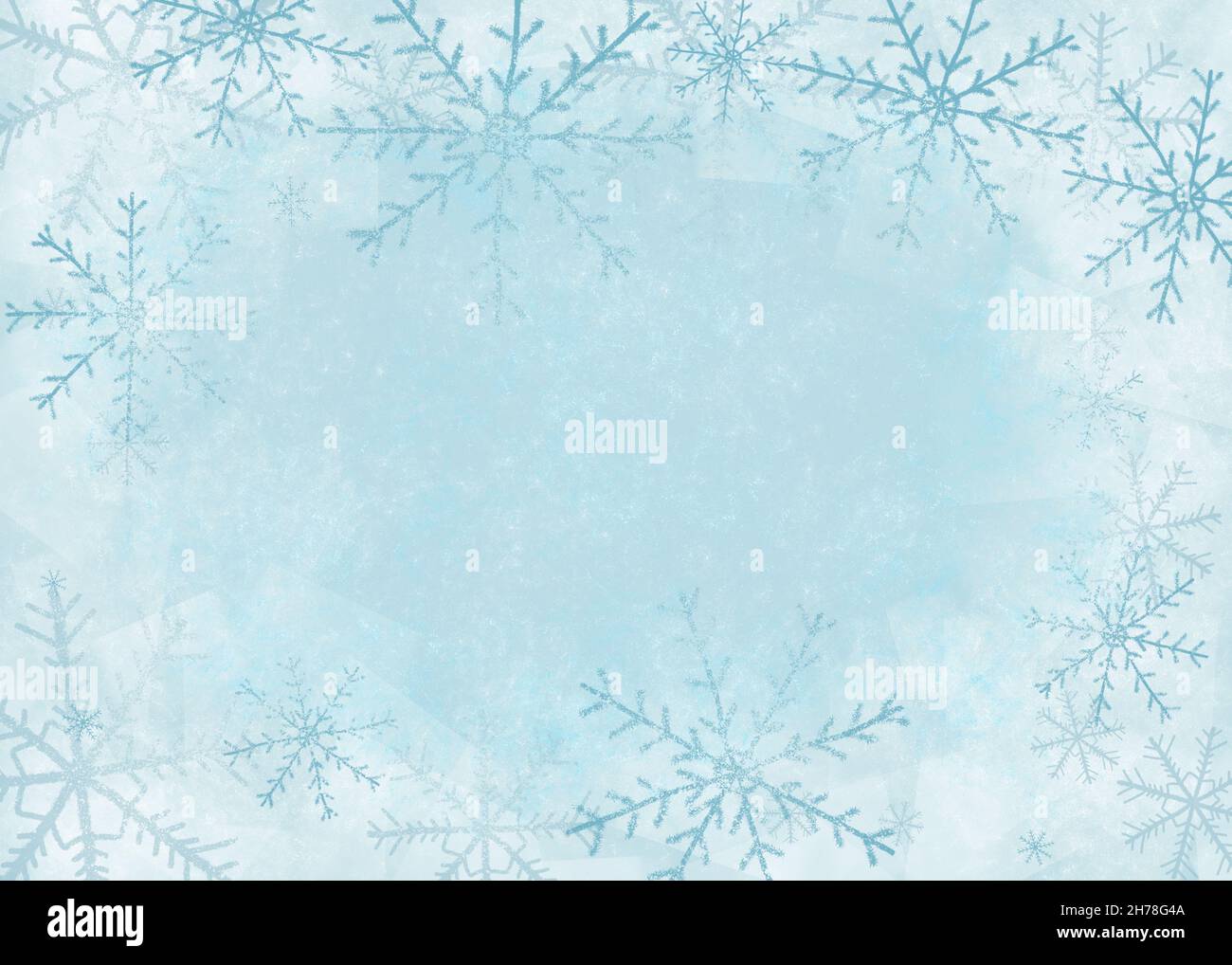 Grunge hiver aquarelle blanc-bleu fond froid avec des flocons de neige sous forme de cadre Banque D'Images