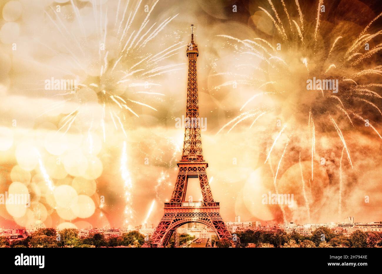 Feu d'artifice du nouvel an à Paris autour de la tour Eiffel Banque D'Images