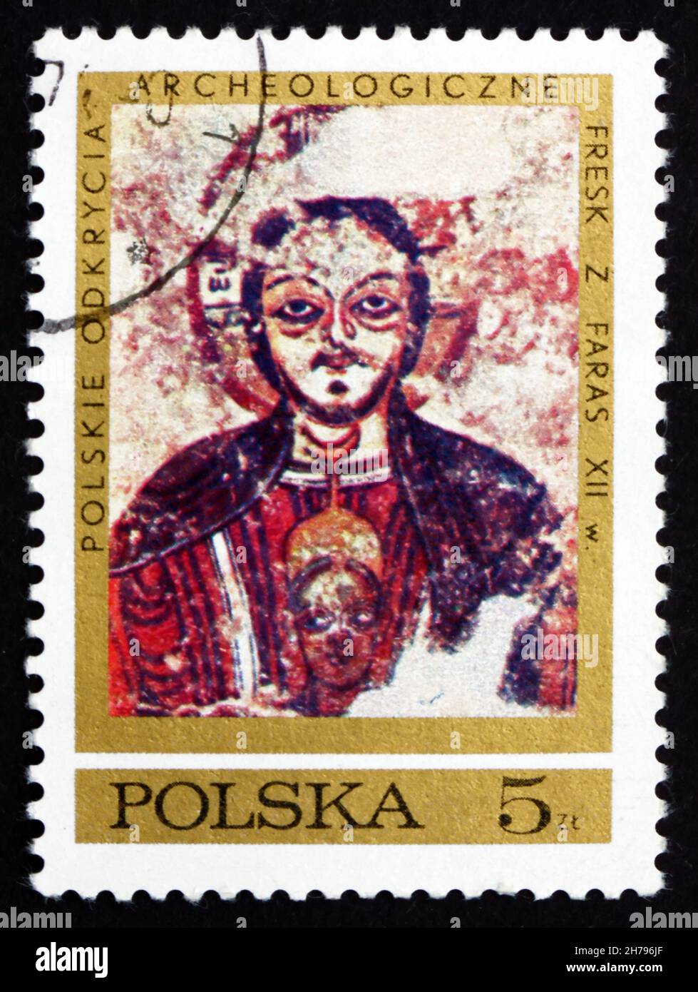 POLOGNE - VERS 1971: Un timbre imprimé en Pologne montre le Christ protégeant la dignité nubienne, Fresco de la cathédrale de Faras, Nubia, archéologique polonais Banque D'Images
