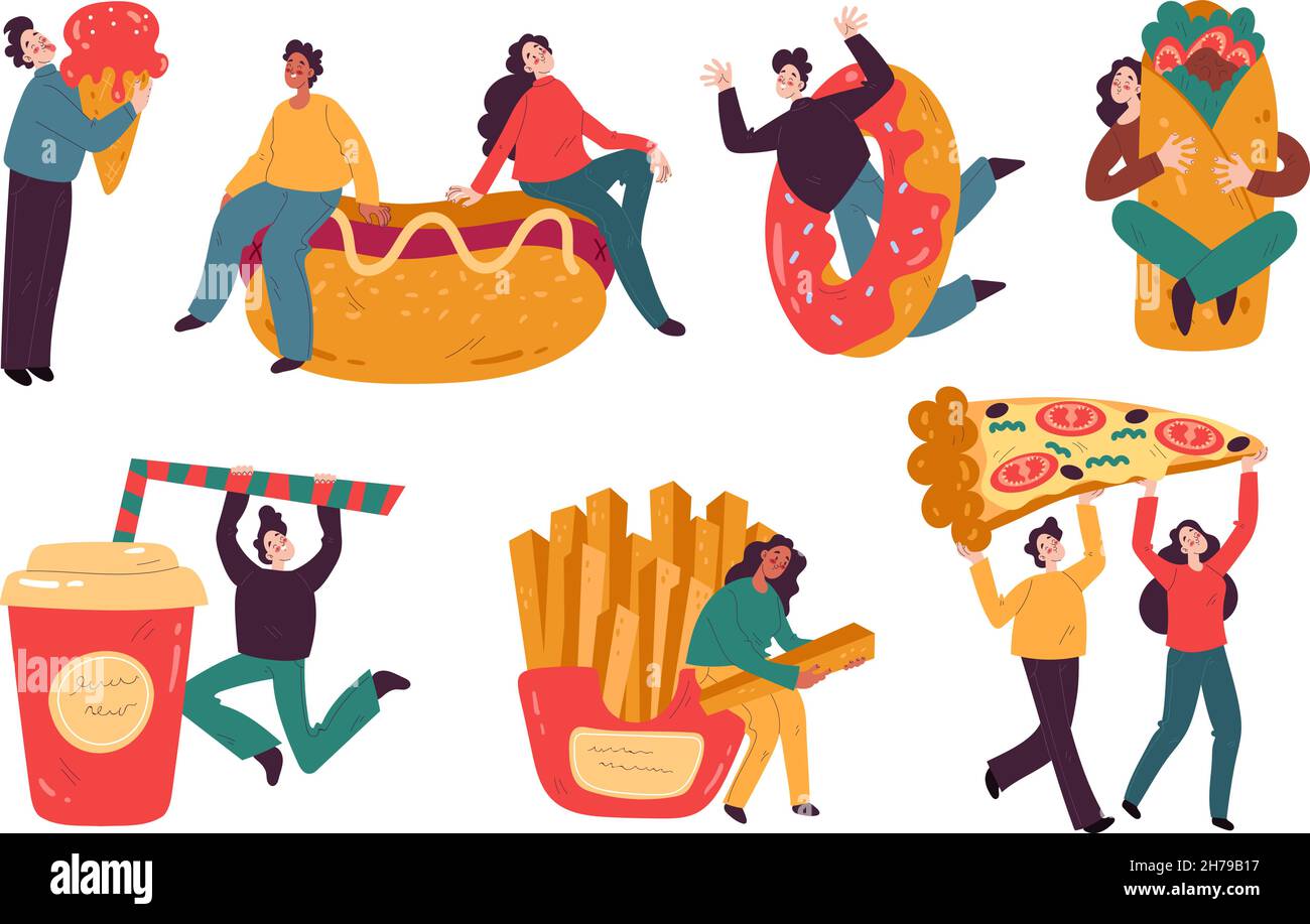 Les gens avec la restauration rapide.Des personnages heureux tenant le hot dog et le donut.Frites et grandes pizzas.Homme mangeant de la glace.Femme embrassant grand burrito Illustration de Vecteur