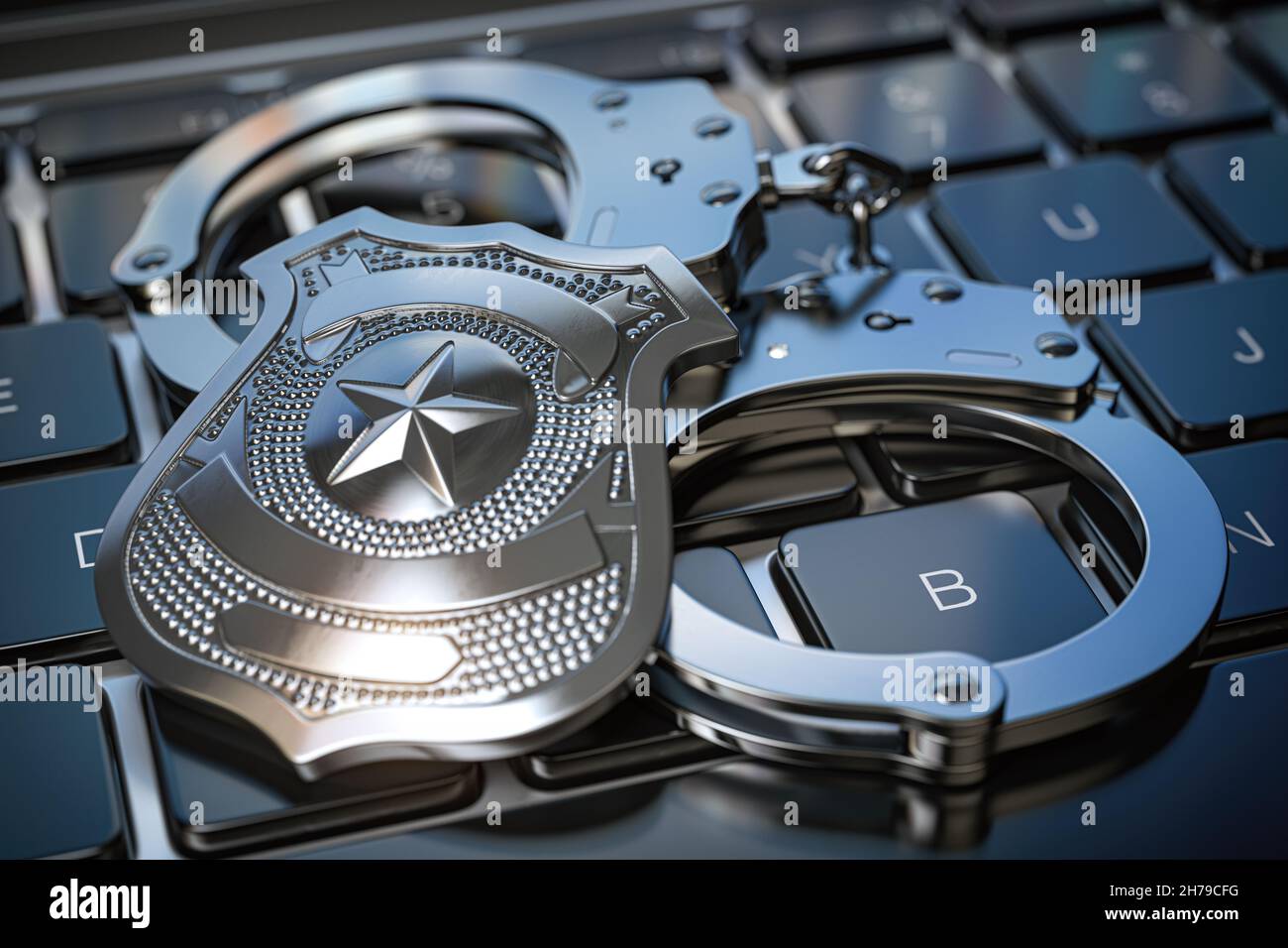 Cyber police et Internet crime concept.Menottes et badge de police sur le clavier de l'ordinateur.illustration 3d Banque D'Images