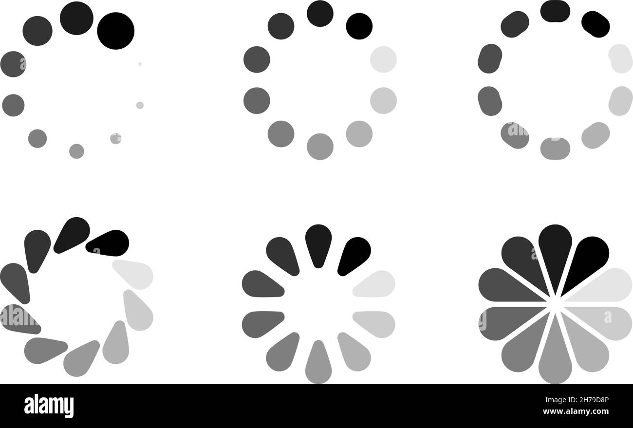 Icônes du chargeur de progression.Indication du cercle de rotation de la charge.Attente des affiches de chargement.Processus de transfert numérique.Silhouette noire des symboles d'interface de l'ordinateur Illustration de Vecteur