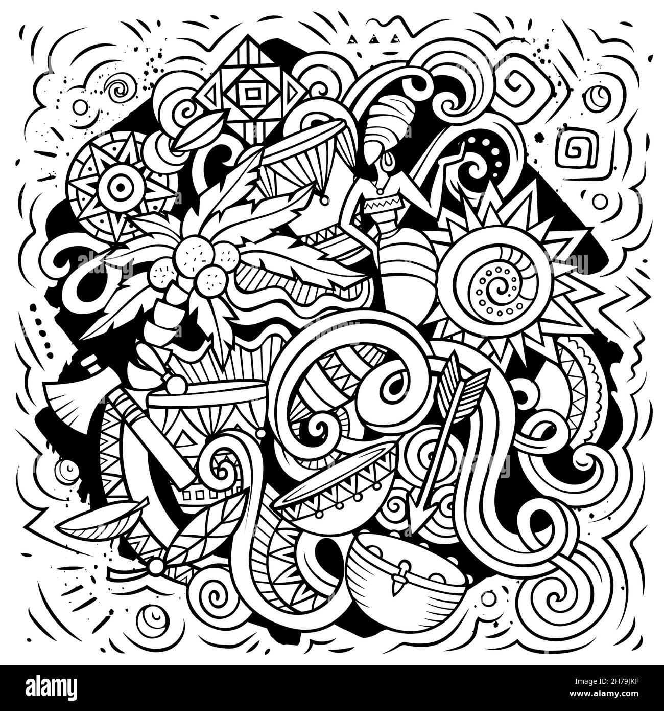 Illustration de dessins animés dessinés à la main en Afrique. Design de voyage amusant. Arrière-plan vectoriel d'art créatif. Symboles, éléments et objets africains. Esquisse co Illustration de Vecteur