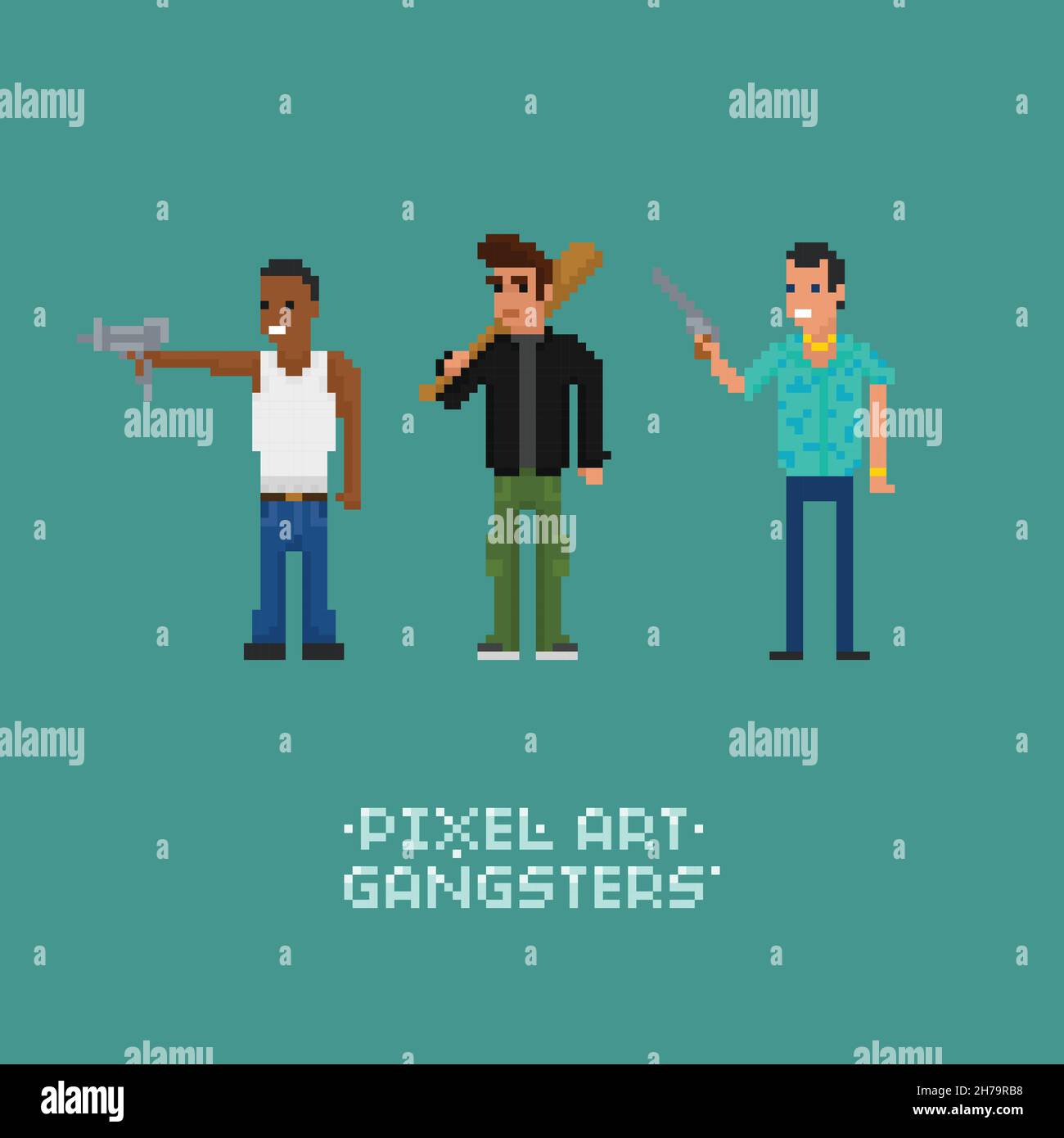 Jeu de caractères criminels Vector pixel art gangster.Homme pointant UZI, tenant une batte, revolver, illustration de style rétro 8 bits Illustration de Vecteur