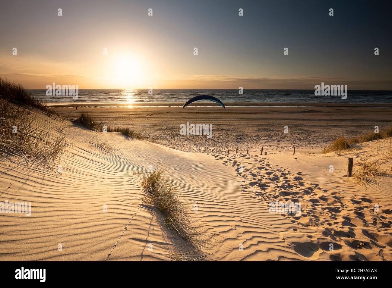 Coucher de soleil doré sur la plage hollandaise avec parapente Banque D'Images