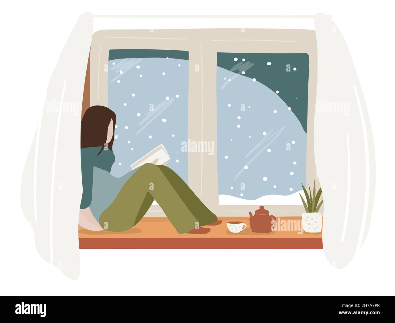 Femme lisant le livre assis sur la fenêtre encore, chute de neige. Intérieur confortable. Illustration vectorielle plate du concept de la saison d'hiver. Banque D'Images