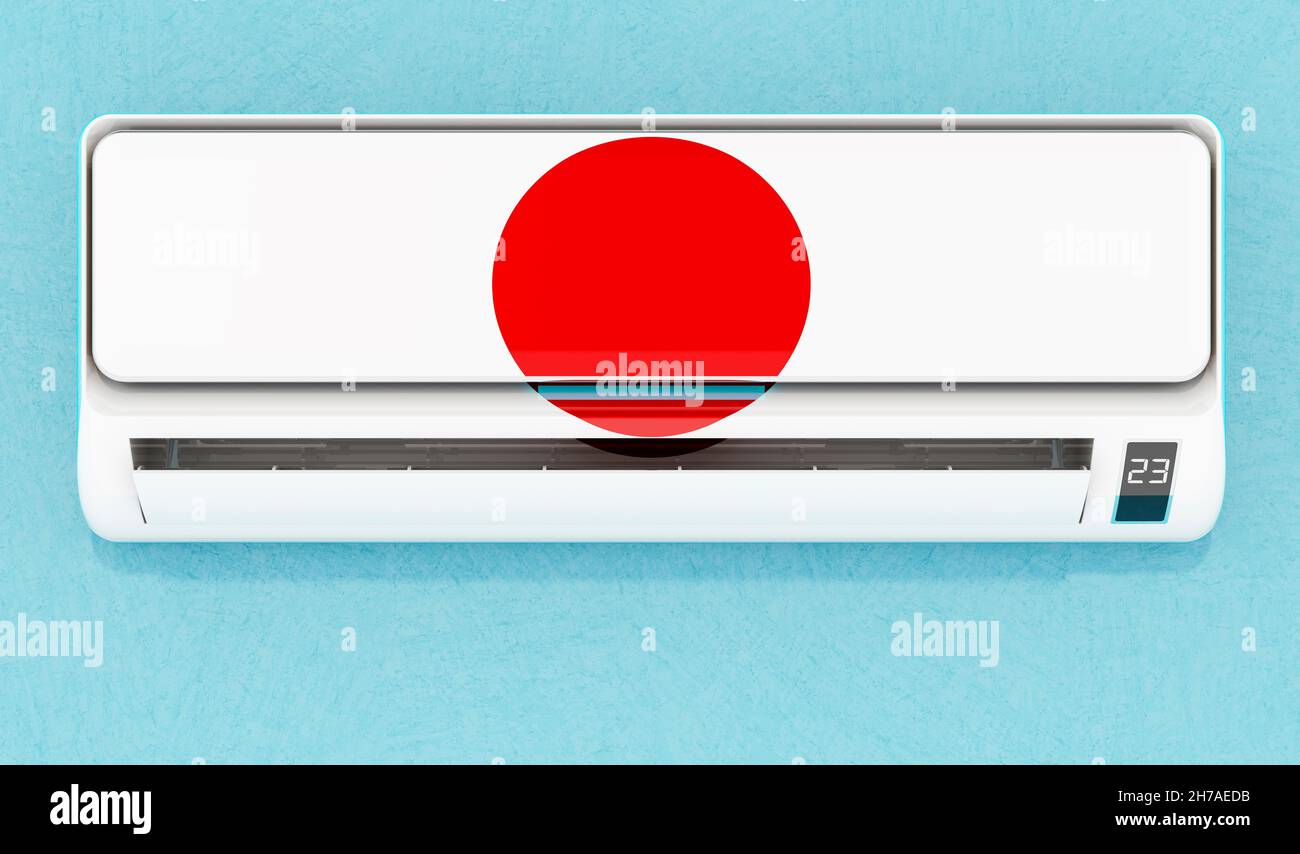 Climatisation avec drapeau japonais sur le mur.Système de climatisation domestique au Japon, concept.Rendu 3D Banque D'Images