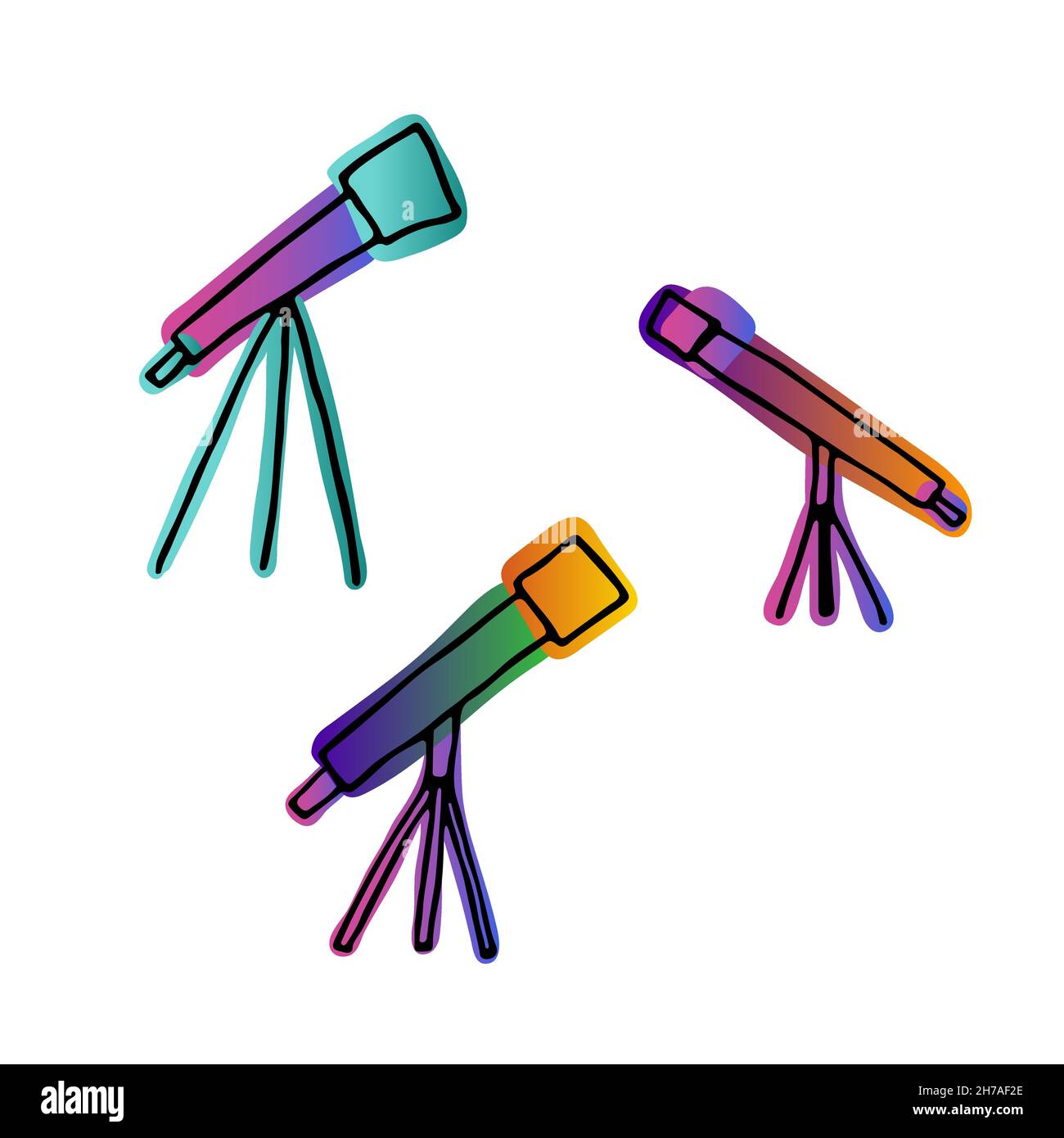 Ensemble de télescopes Doodle.Oscilloscope couleur néon isolé sur fond blanc.Dispositif optique pour l'exploration spatiale.Instrument Astoronamic, discothèque scientifique Illustration de Vecteur
