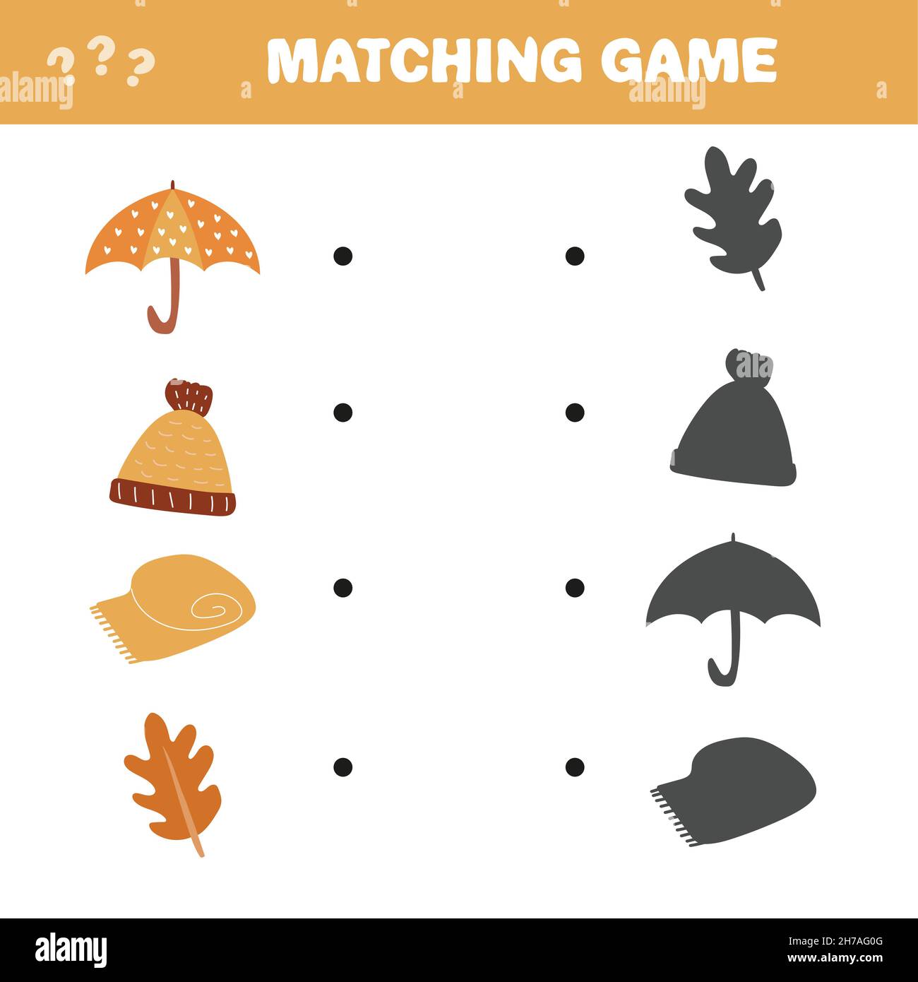 Jeu correspondant.Trouvez l'ombre exacte des articles d'automne.Jeu pour enfants.Jeu de mathématiques éducatif pour les enfants. Illustration de Vecteur