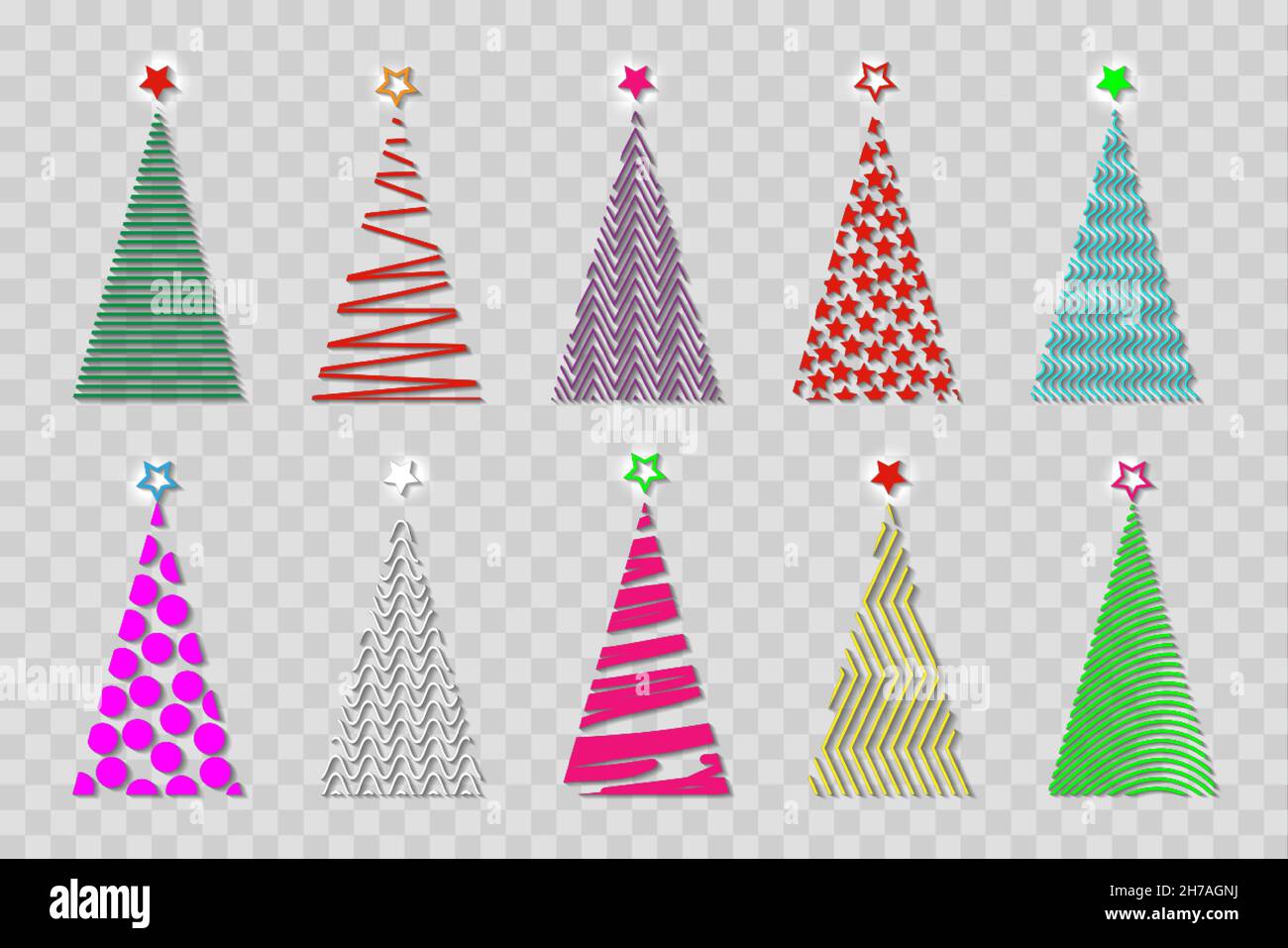 Ensemble de sapin de Noël stylisé à motif vectoriel coloré, icône de logo de mode festif, arbre géométrique en relief aux couleurs vives, isolé sur transparent Illustration de Vecteur