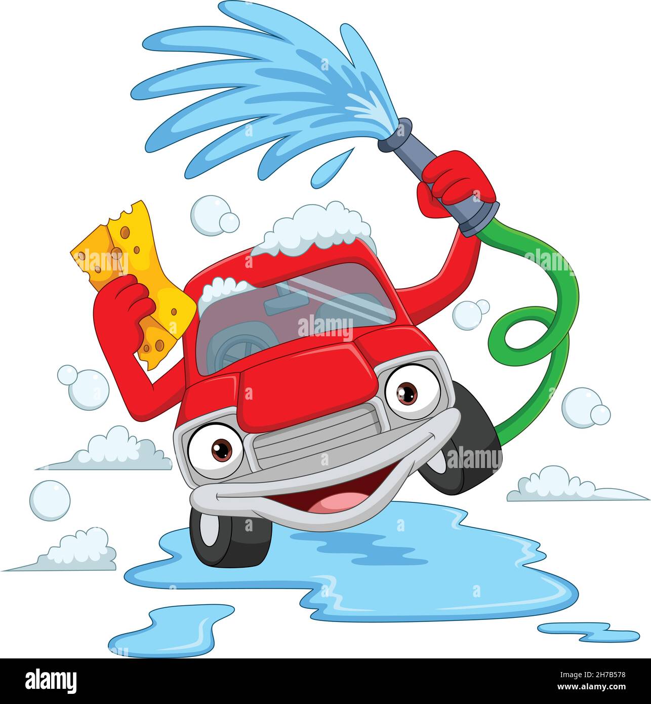 Lavage de voiture en dessin animé avec tuyau d'eau et d'une éponge Illustration de Vecteur