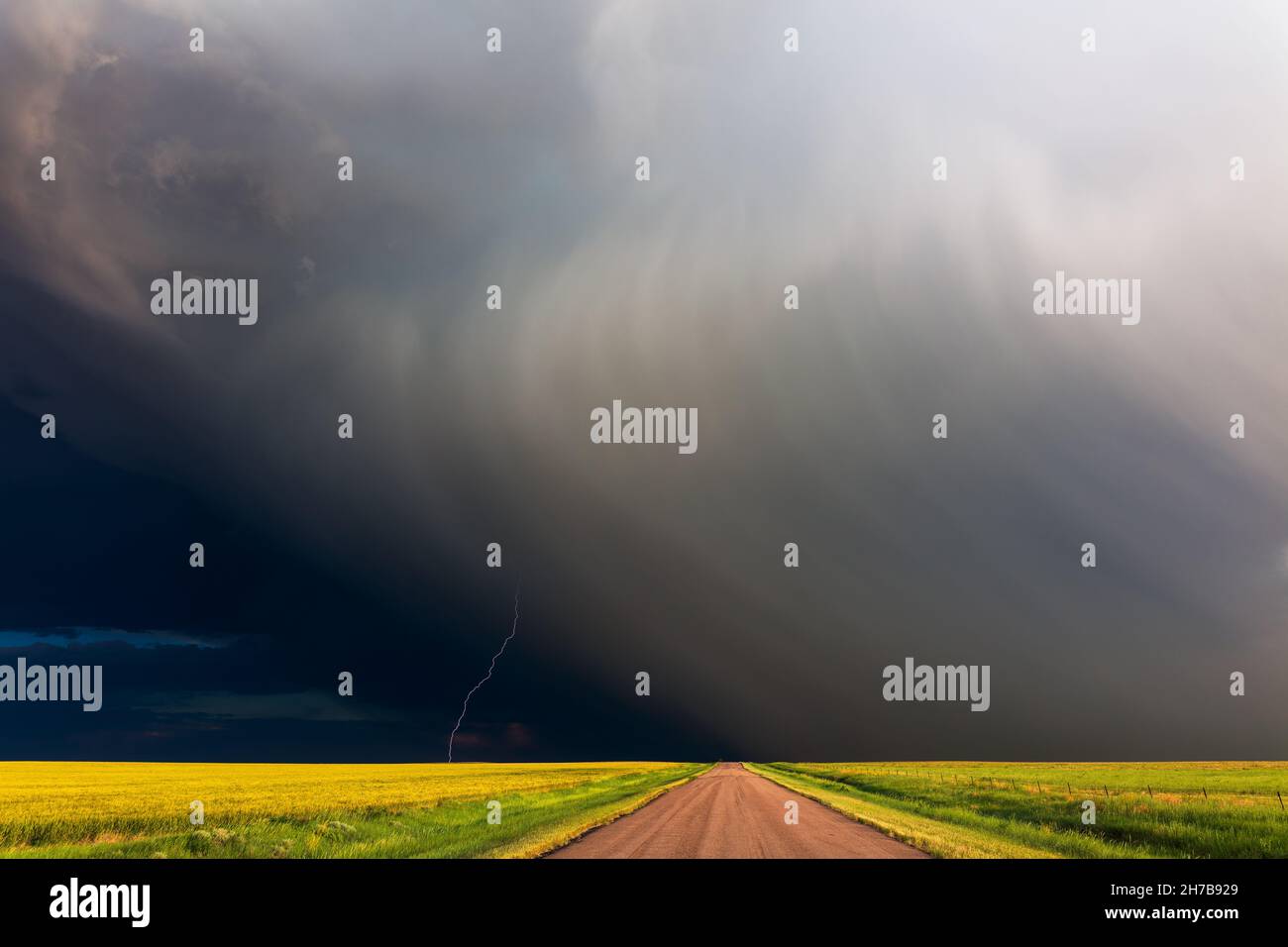 Ciel orageux avec la foudre et la pluie d'un orage d'été au-dessus d'une route de terre et paysage de champ de ferme près de Karval, Colorado Banque D'Images