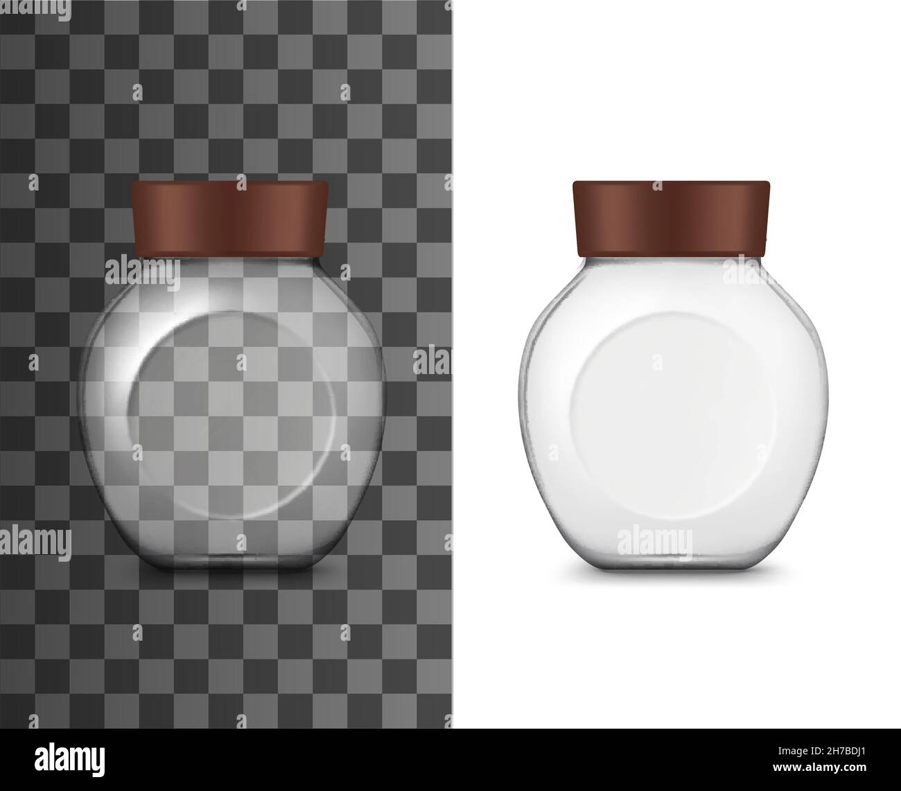 Pot à café en verre, emballage réaliste.Bouteille en verre vierge Vector, boîte avec couvercle à vis et côté plat, pot translucide pour café, sucre ou confiture sto Illustration de Vecteur