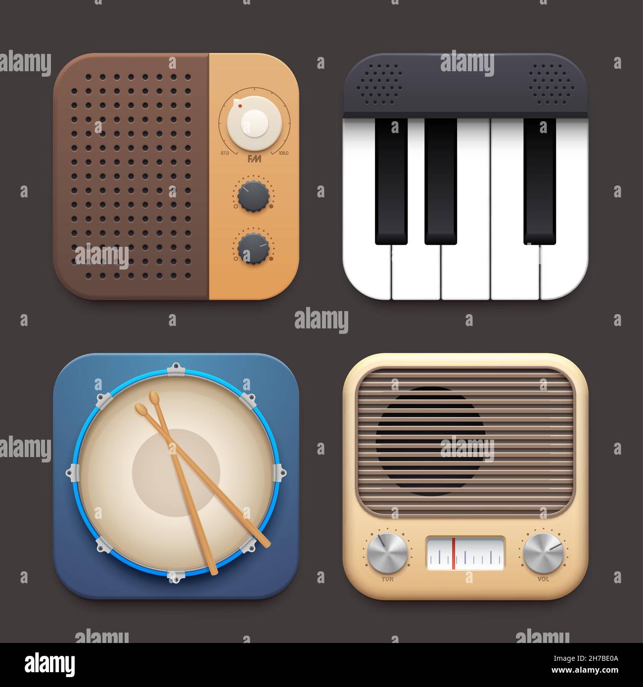 Icône de l'interface de l'application radio FM, piano et batterie.Vector 3d  Realistic vintage ampli-tuner, percussion et instruments de musique clés  boutons carrés Image Vectorielle Stock - Alamy