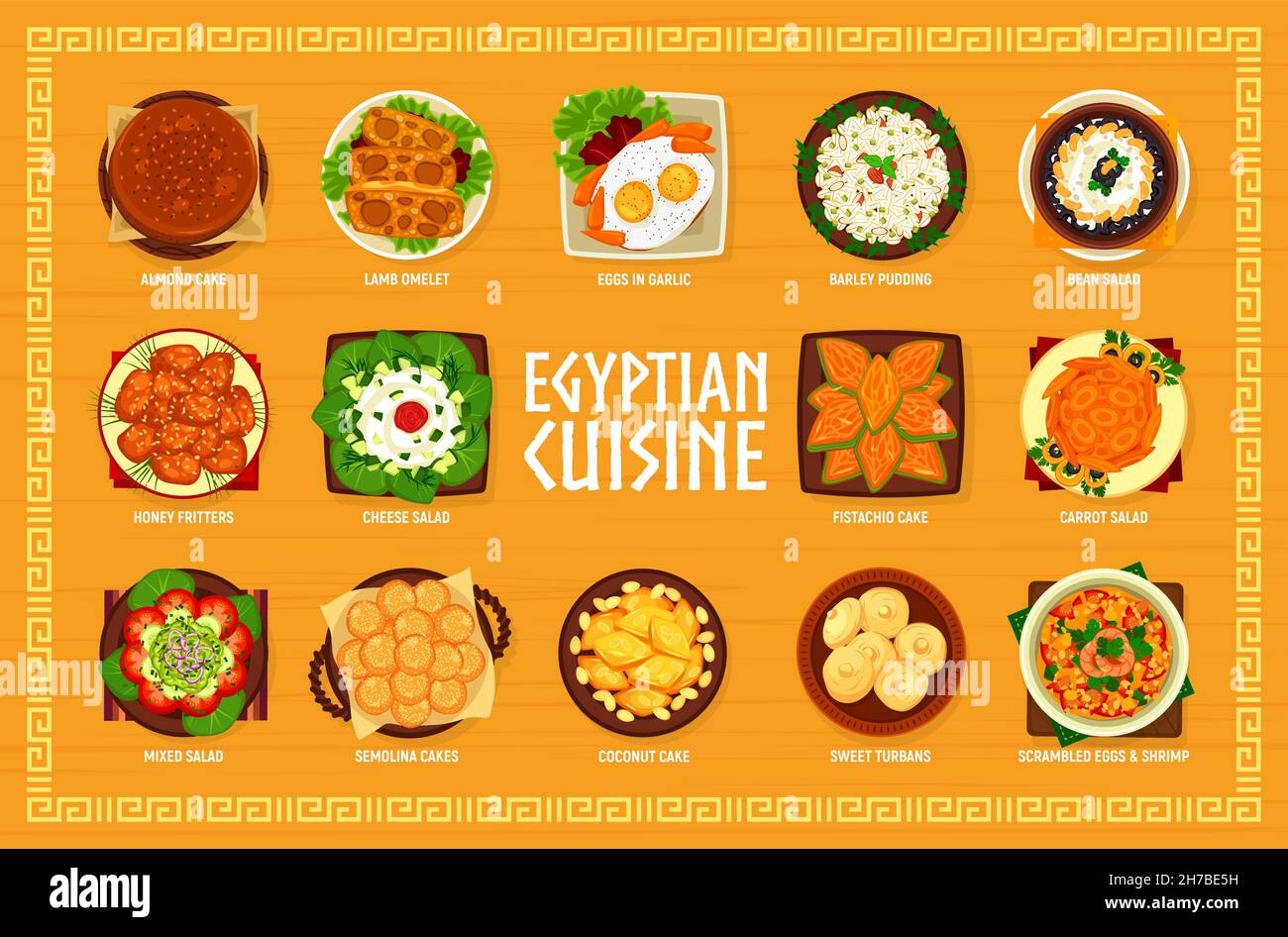 Menu de cuisine égyptienne.Gâteaux à la noix de coco, aux amandes et à la semoule, omelette d'agneau, œufs en beignets à l'ail et au miel, pudding, turbans doux et brouillés Illustration de Vecteur