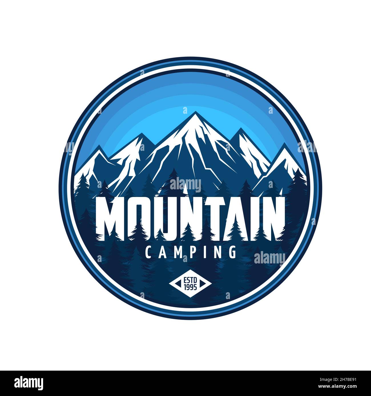 Icône de camping de montagne, tourisme et vecteur d'escalade étiquette ronde avec rochers et sommets enneigés.Emblème de voyage pour une aventure de randonnée ou une expédition W Illustration de Vecteur