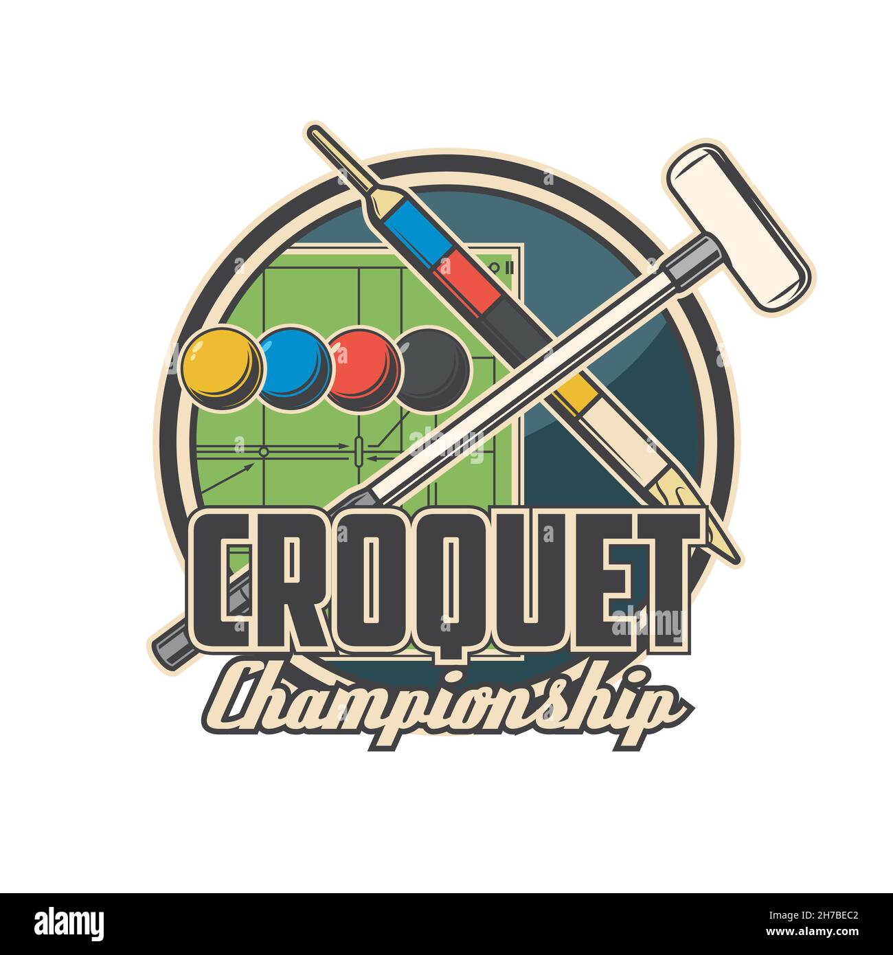 Icône de championnat de croquet avec des pinces de jeu, des balles et un maillet, terrain de jeu.Tournoi de croquet équipes, étiquette de vecteur de compétition sportive, emblème rétro ou moi Illustration de Vecteur