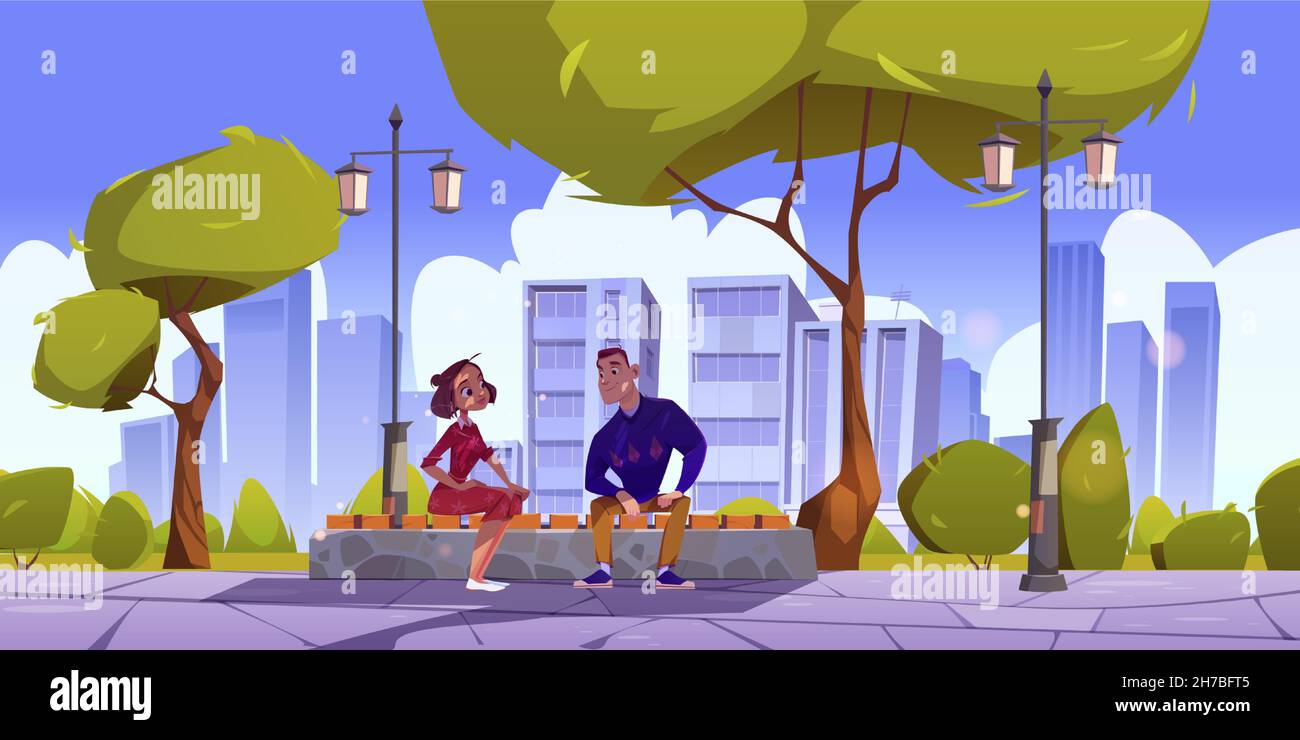 Couple dans le parc de la ville, jeune homme et femme assis sur le banc ayant une conversation amicale.Personnages datant, passez du temps à l'extérieur dans le jardin de la ville avec vue sur la ville, illustration vectorielle de dessin animé Illustration de Vecteur