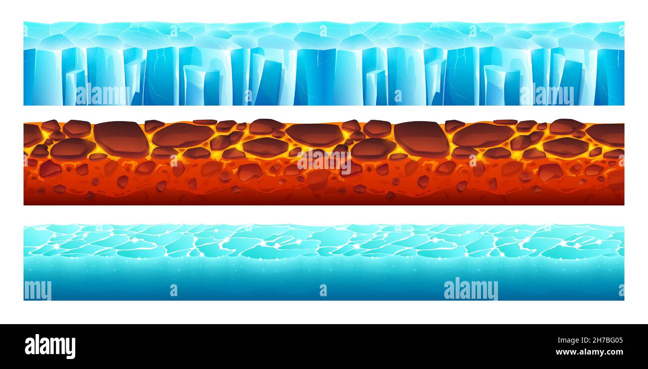 Terrains de jeux avec texture homogène de glace, d'eau et de lave.Ensemble de dessins animés vectoriels de plates-formes pour les niveaux de jeu, paysages avec magma chaud avec pierres, eau gelée et mer Illustration de Vecteur