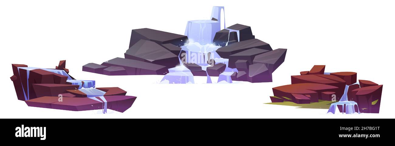 Cascades en cascade sur des rochers, eau de dessin animé chute des cours d'eau tombant de montagnes, jets de liquide pur et des pierres avec de la mousse ou de l'herbe verte, éléments de conception de fontaine vecteur icônes isolées sur fond blanc Illustration de Vecteur