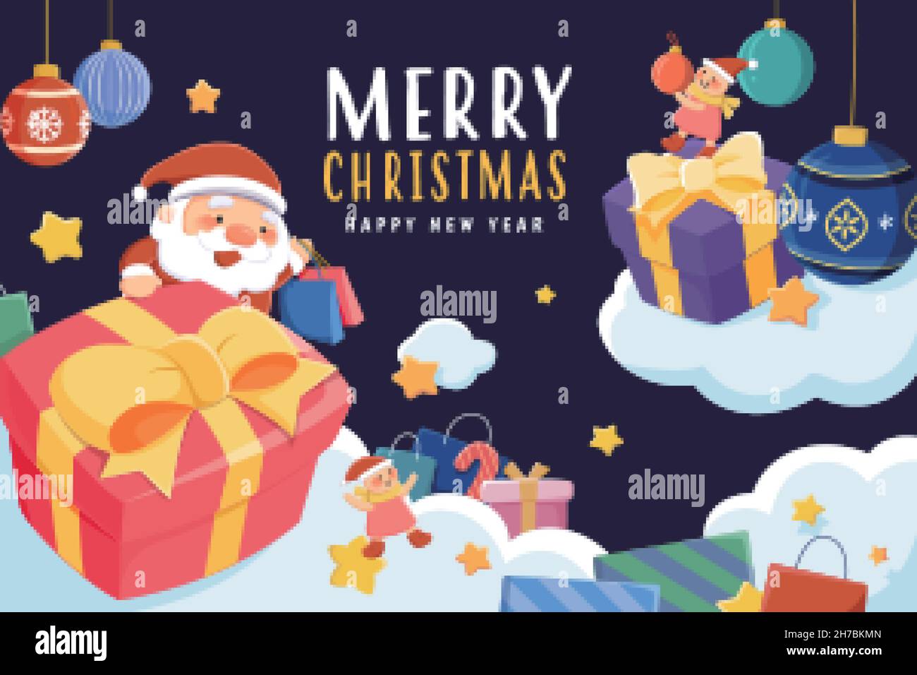 Carte de vœux de joyeux Noël.Illustration plate du Père Noël et des elfes avec beaucoup de cadeaux stockés sur des nuages sur fond bleu foncé Illustration de Vecteur