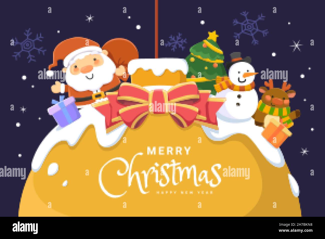 Carte de Noël créative.Illustration plate du Père Noël avec ses partenaires festifs sur une énorme boule suspendue recouverte de neige sur fond bleu foncé Illustration de Vecteur