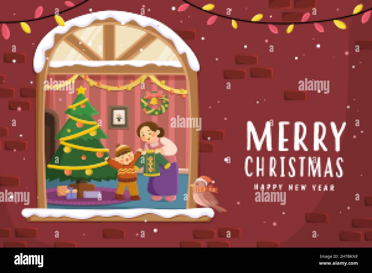 Carte de vœux de Noël pour la famille.En regardant dans la fenêtre sur le mur de briques, il y a une mère qui donne un gilet à son fils debout près de l'arbre de Noël Illustration de Vecteur