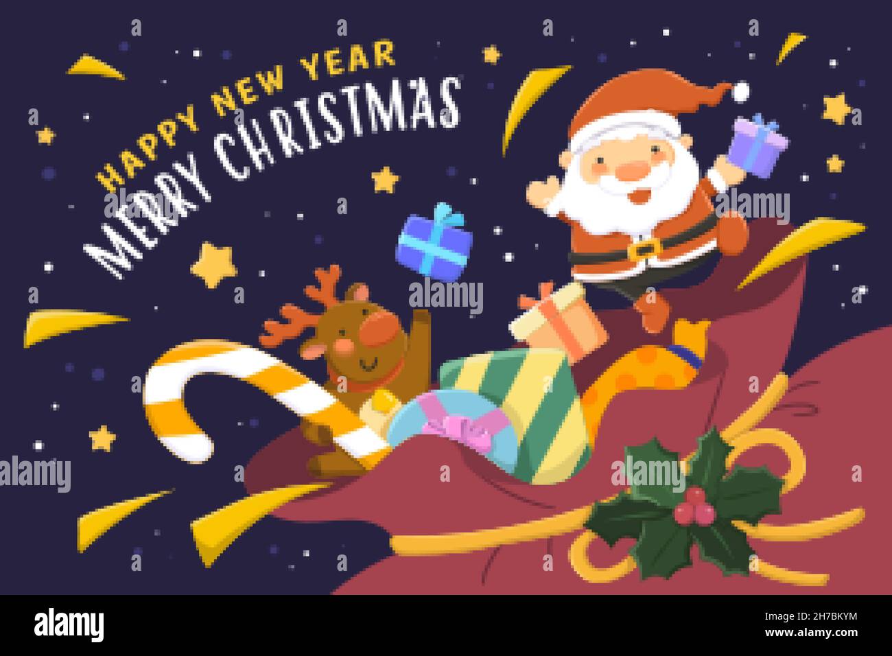 Carte de vœux de Noël et du nouvel an.Illustration plate du Père Noël et du renne rebondissant d'un sac rouge avec des cadeaux sur fond bleu foncé Illustration de Vecteur