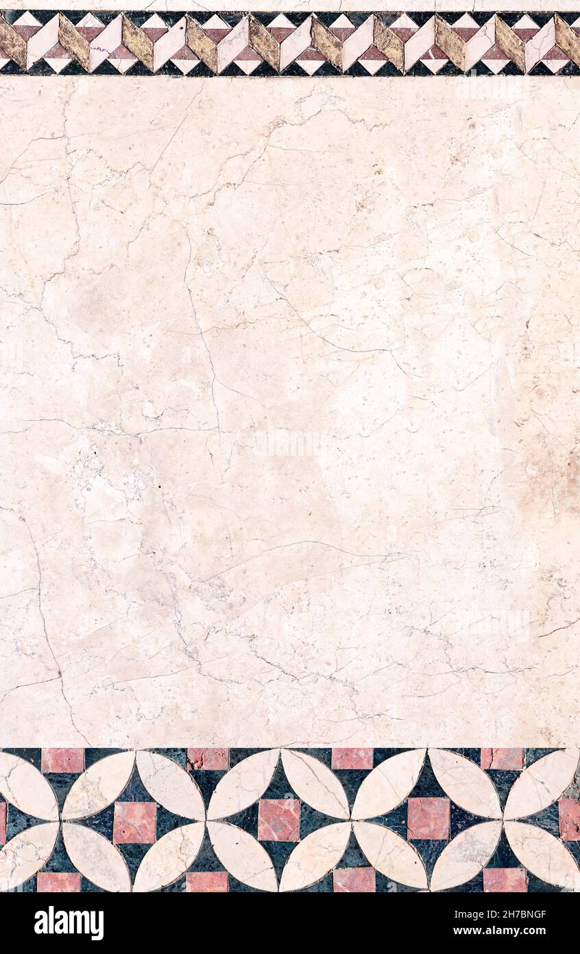 Arrière-plan vertical ou horizontal avec mosaïque décorative ancienne sur marbre.Bannière verticale avec décoration décorative en pierre.Modèle de maquette.Station santé Copy Banque D'Images