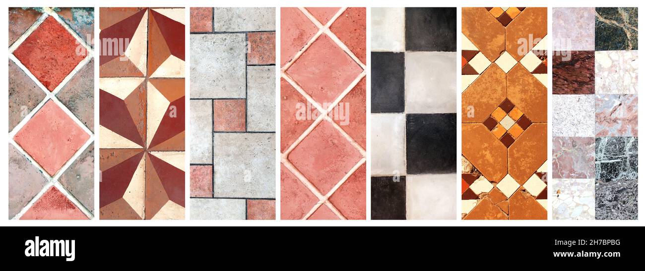 Ensemble de banderoles avec de vieilles textures de sol en carreaux de porcelaine.Collection de motifs de carreaux verticaux ou horizontaux Banque D'Images
