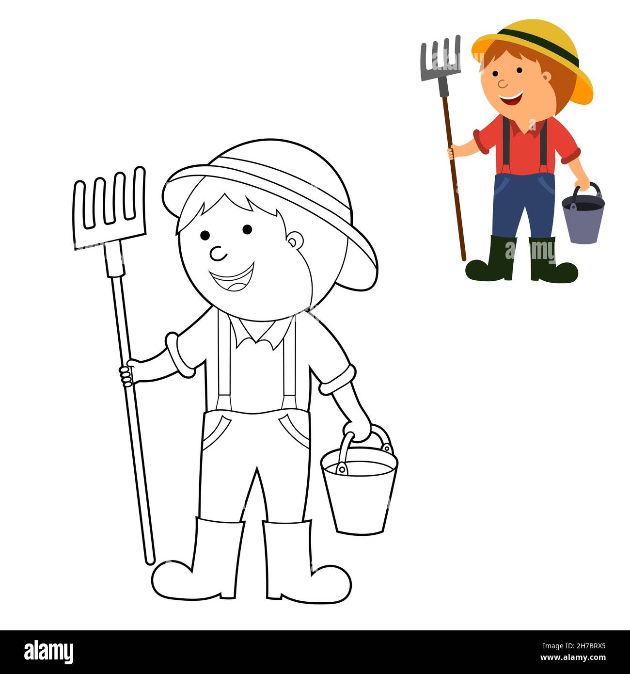 livre de coloriage, colorez-le selon le modèle. illustration d'un fermier dans un champ, vecteur isolé sur un fond blanc. Illustration de Vecteur