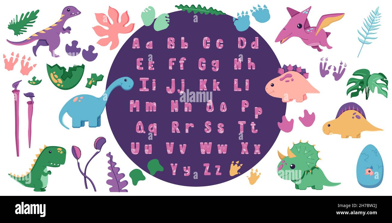 Un ensemble de dinosaures mignons pour la décoration de la pépinière, autocollants de l'ère mésozoïque pour les enfants, avec un alphabet dessiné à la main dans un style plat, isolé sur un blanc. Illustration de Vecteur