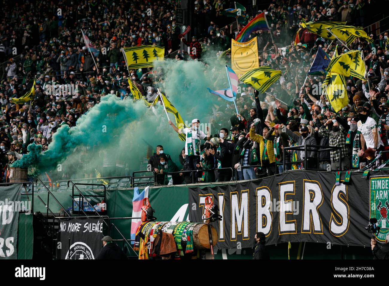 Portland, États-Unis.21 novembre 2021.Sebastian Blanco célèbre son deuxième but du match, alors que les Portland Timbers ont battu le Minnesota United FC 3-1, en avançant en quarts de finale de la Major League Soccer (MLS), à Portland, Oregon, le 21 novembre 2021.(Photo de John Rudoff/Sipa USA) crédit: SIPA USA/Alay Live News Banque D'Images