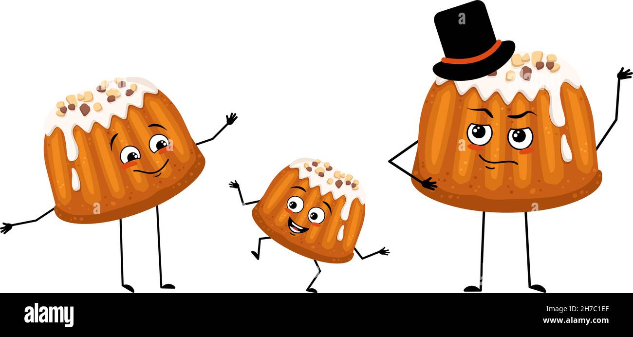 Famille de mouffins glacés avec des émotions joyeuses, le visage de sourire, les yeux heureux, les bras et les jambes.Maman est heureuse, papa porte un chapeau et l'enfant danse.Illustration vectorielle plate Illustration de Vecteur