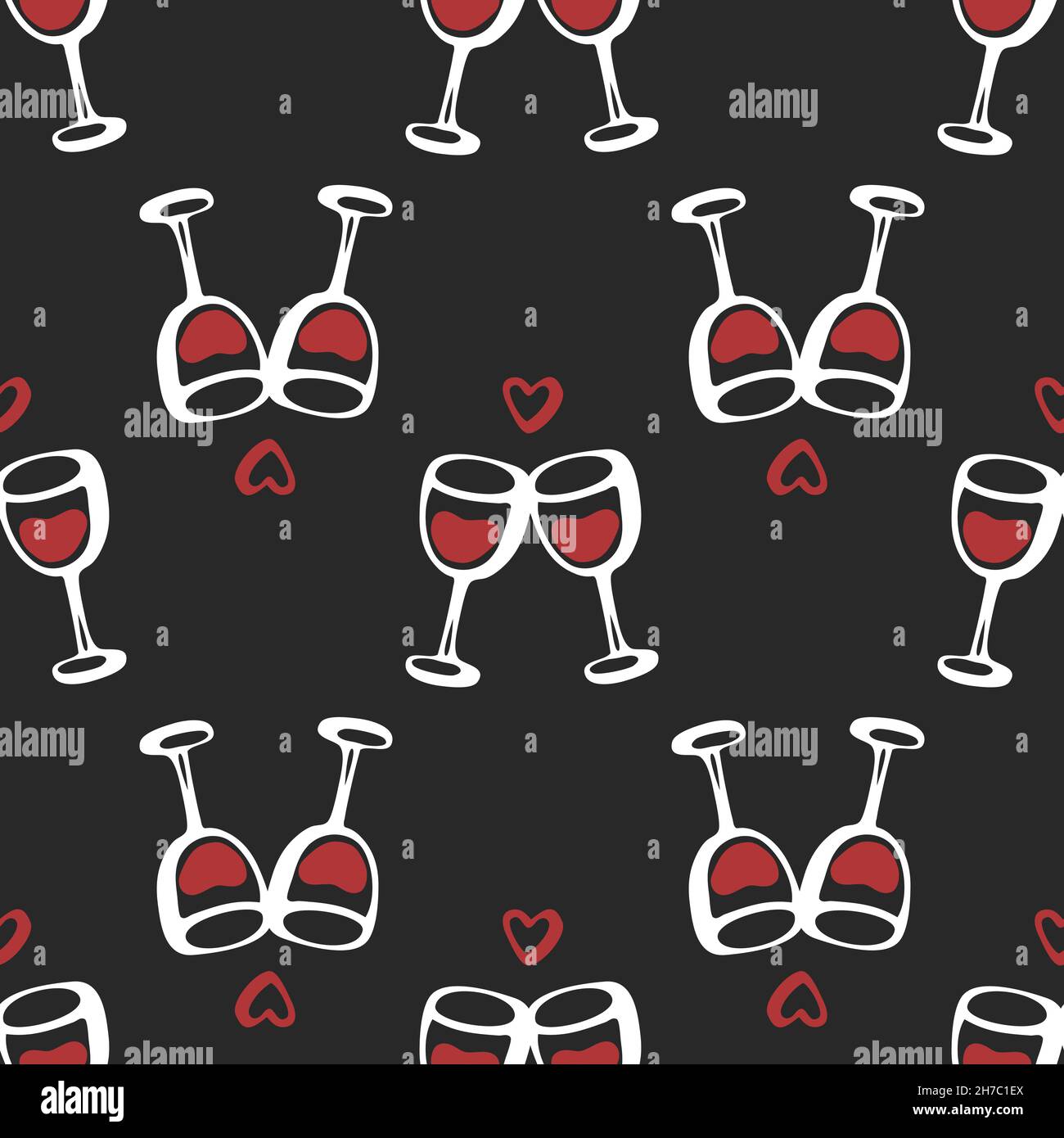 Motif de caniche sans couture avec quelques verres à vin de cheers isolés sur fond noir foncé.Illustration d'esquisse vectorielle. Illustration de Vecteur