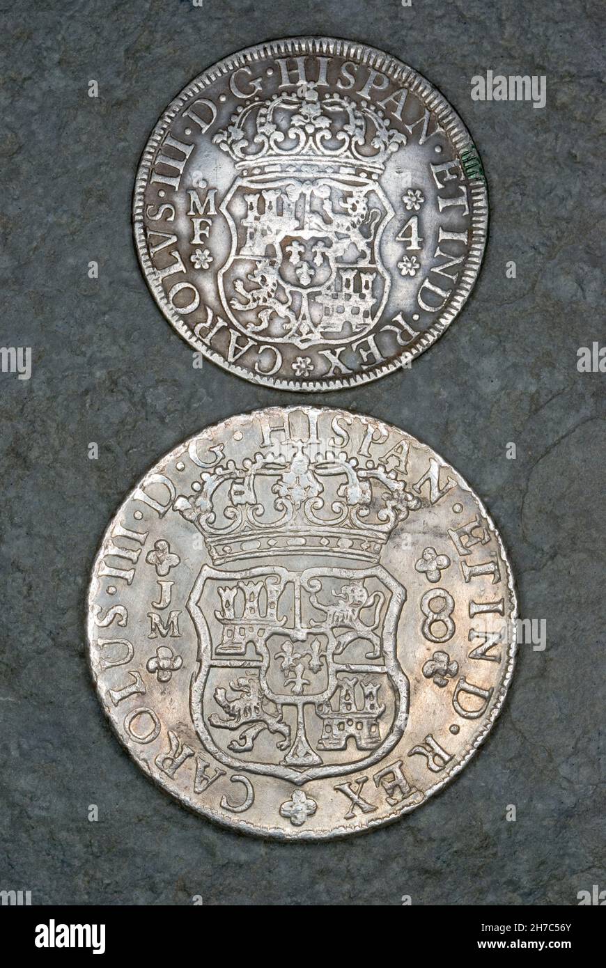 4 et 8 du vrai coin du Roi Charles III d'Espagne Banque D'Images