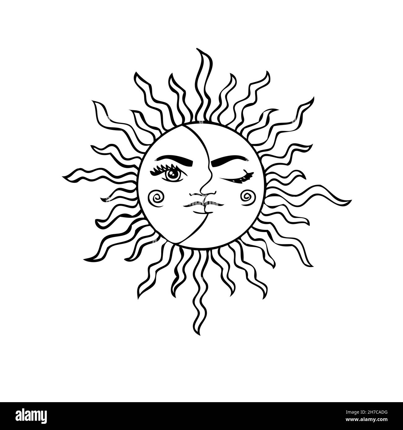 Symboles ésotériques du soleil et de la lune avec un visage.Signes célestes. Illustration de Vecteur