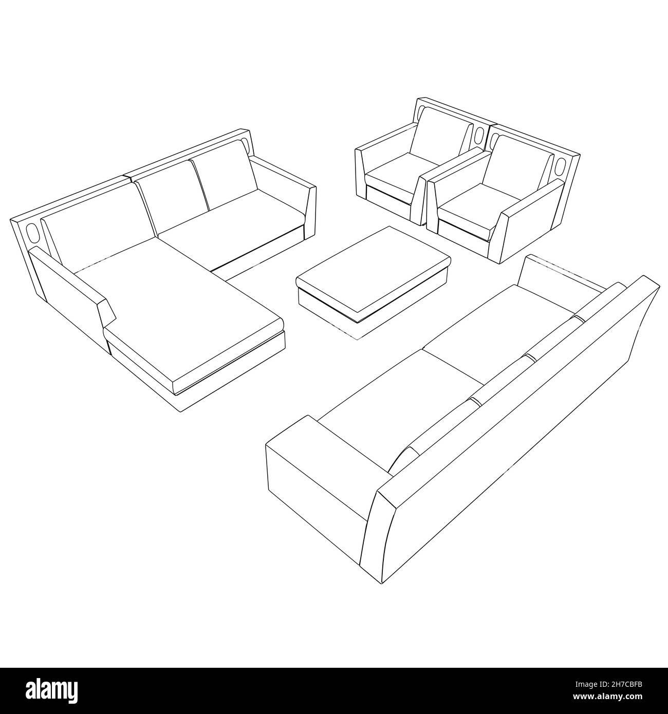 Contour du canapé, du fauteuil et de la table à partir de lignes noires isolées sur fond blanc.Vue isométrique.Illustration vectorielle Illustration de Vecteur