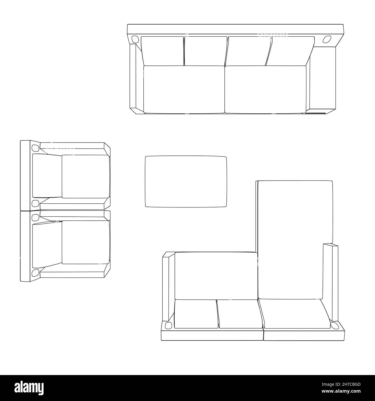 Contour du canapé, du fauteuil et de la table à partir de lignes noires isolées sur fond blanc.Vue de dessus.Illustration vectorielle Illustration de Vecteur
