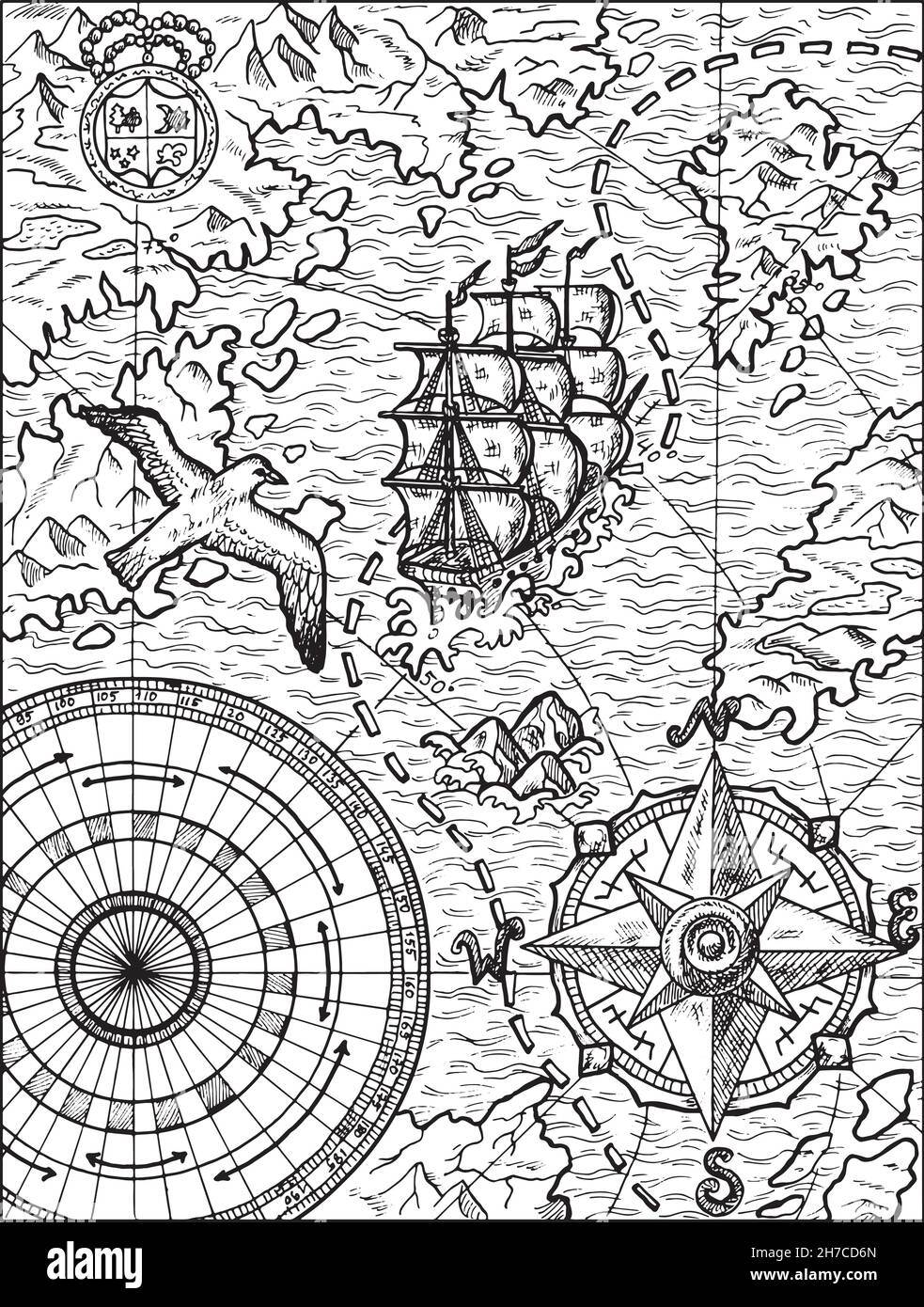 Illustration en noir et blanc de l'ancienne carte avec voilier, goéland, terres et îles inconnues, boussole et rose vent Illustration de Vecteur