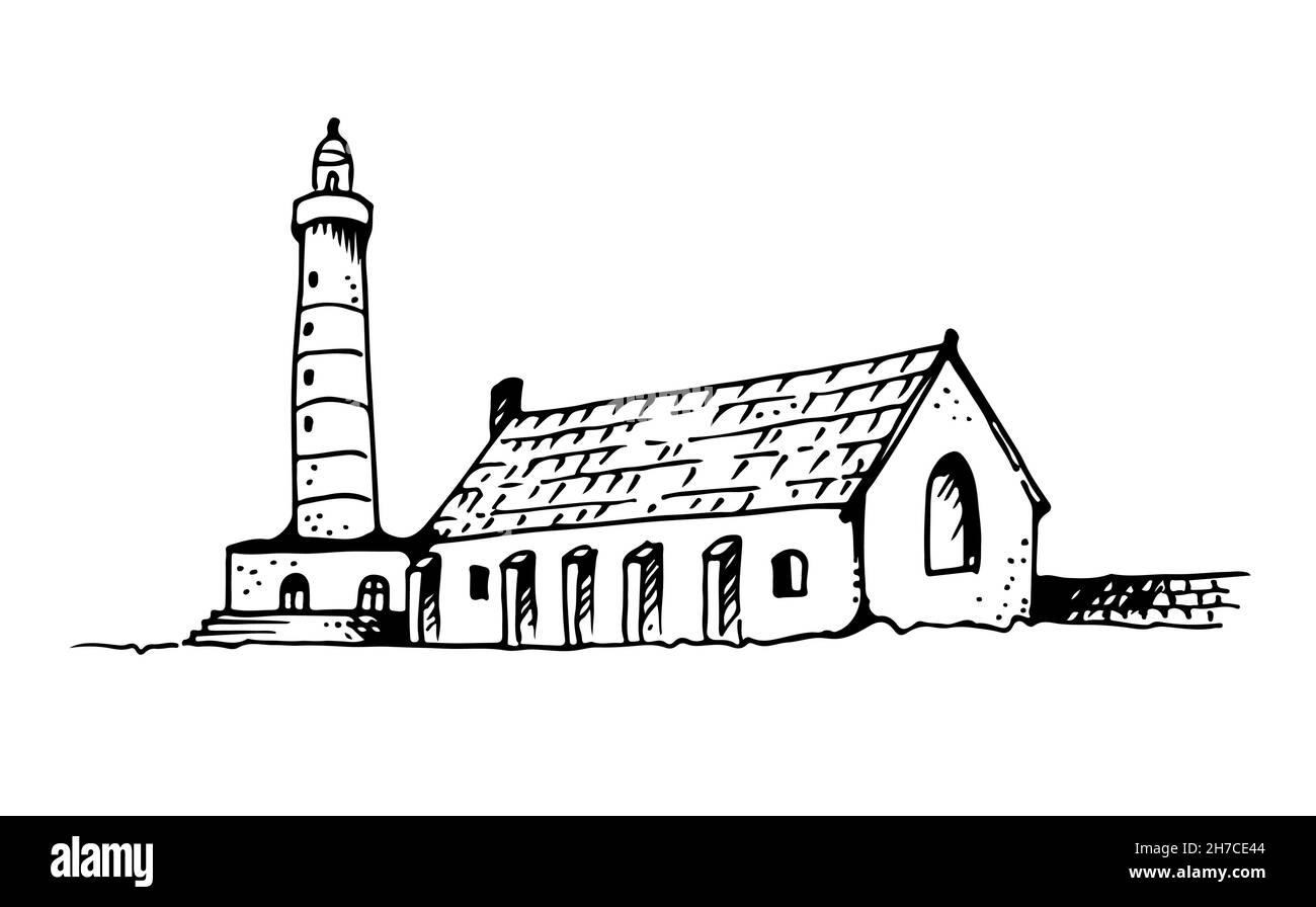 Phare vectoriel, illustration de balise dessinée à la main isolée sur fond blanc Illustration de Vecteur