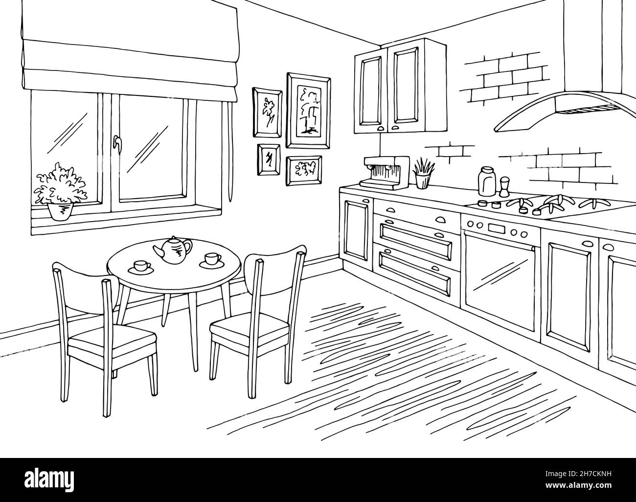 Cuisine pièce graphique noir blanc intérieur dessin illustration vecteur Illustration de Vecteur