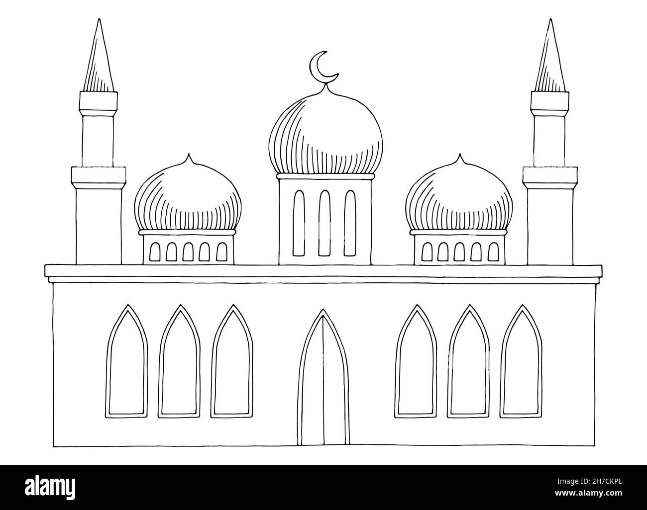 Bâtiment de la mosquée extérieur graphique noir blanc esquisse illustration vecteur Illustration de Vecteur