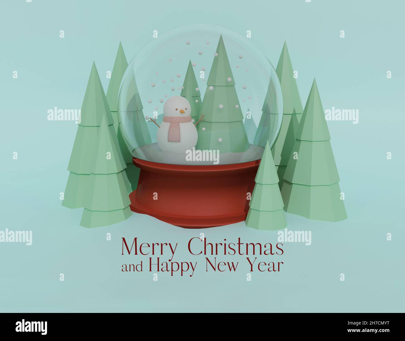 Joyeux Noël et joyeux texte de la nouvelle année en illustration 3d avec un globe de neige avec un bonhomme de neige et des arbres de noël verts avec un fond bleu Banque D'Images