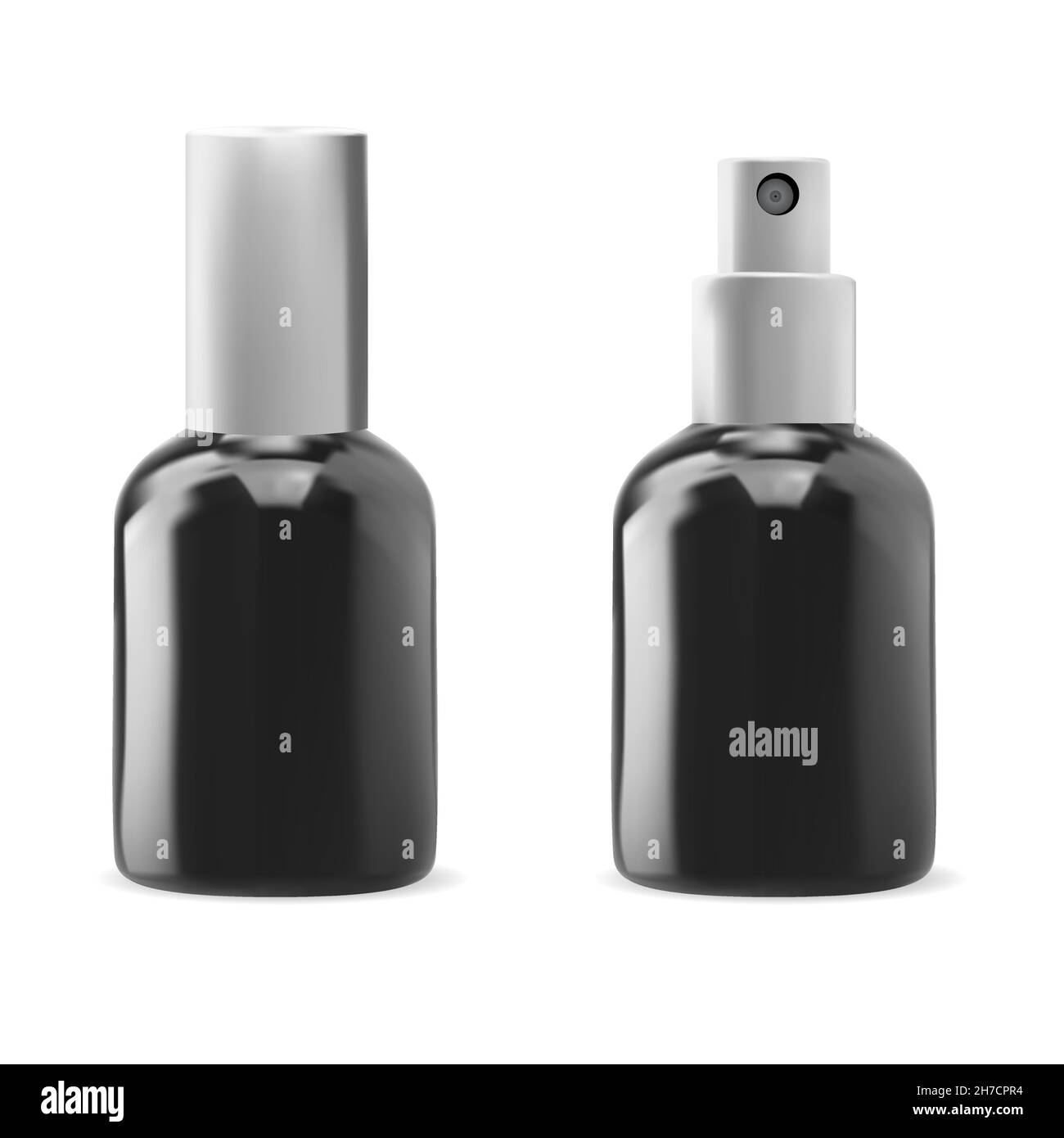 Flacon vaporisateur de sérum cosmétique.Petit emballage d'essence de beauté.Conteneur de pompe sans air en verre noir, publicité de toner pour la peau.Kit parfum essentiel, Illustration de Vecteur